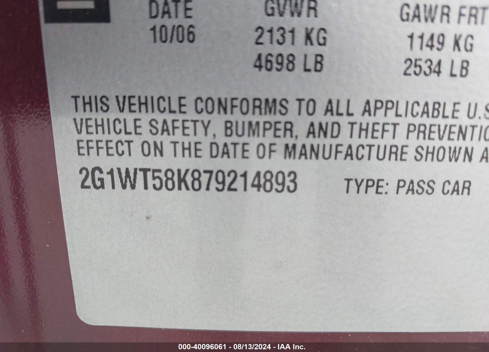 2007 CHEVROLET IMPALA LT VIN: 2G1WT58K879214893