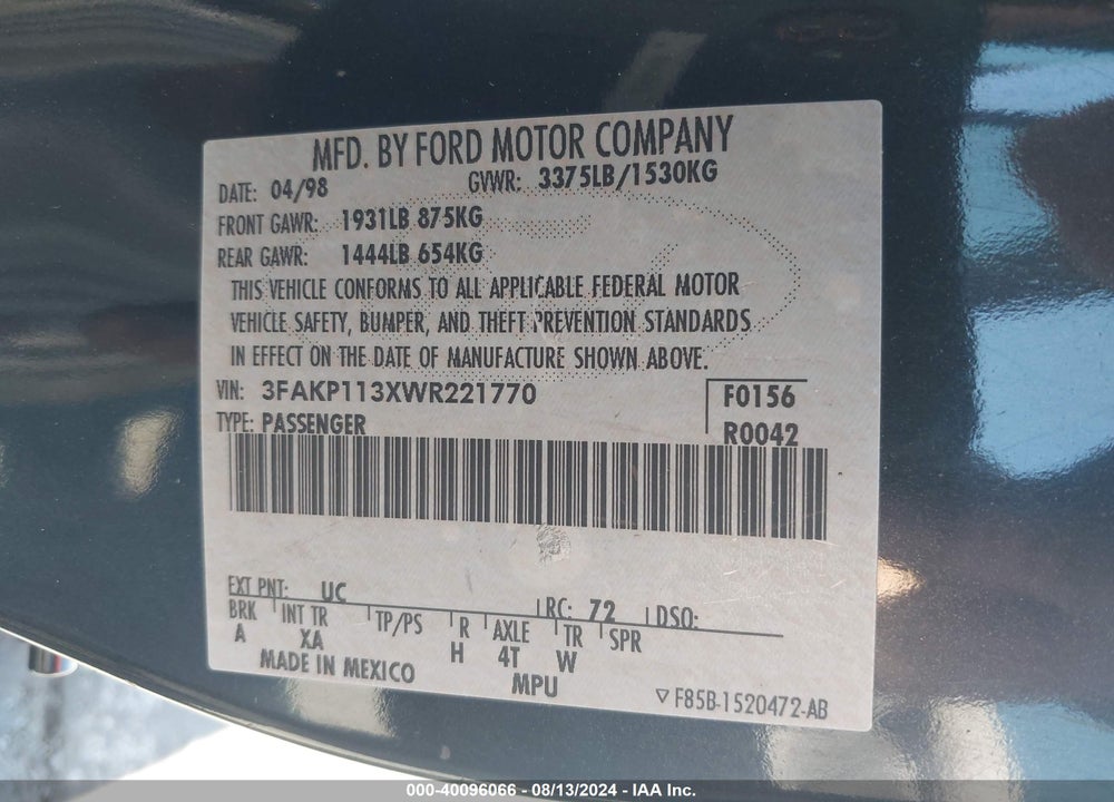 1998 FORD ESCORT ZX2 COOL/ZX2 HOT VIN: 3FAKP113XWR221770