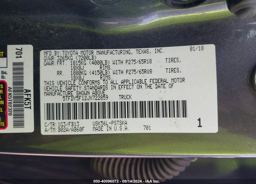 2018 TOYOTA TUNDRA SR5 5.7L V8 VIN: 5TFDY5F12JX722859