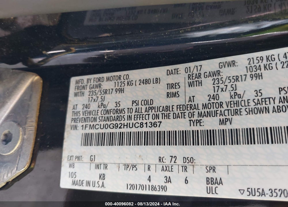 2017 FORD ESCAPE SE VIN: 1FMCU0G92HUC81367
