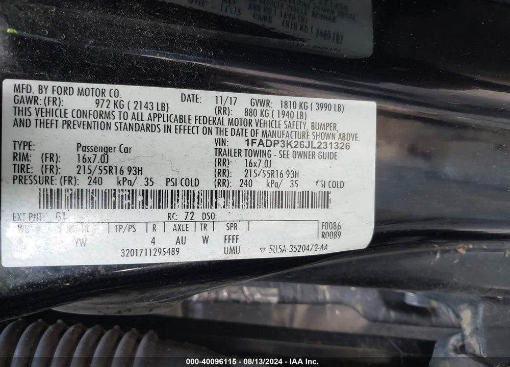 2018 FORD FOCUS SE VIN: 1FADP3K26JL231326