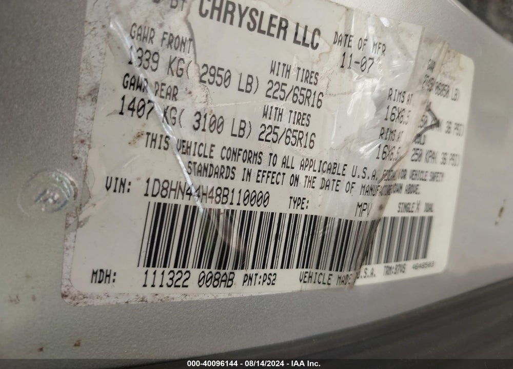 2008 DODGE GRAND CARAVAN SE VIN: 1D8HN44H48B110000