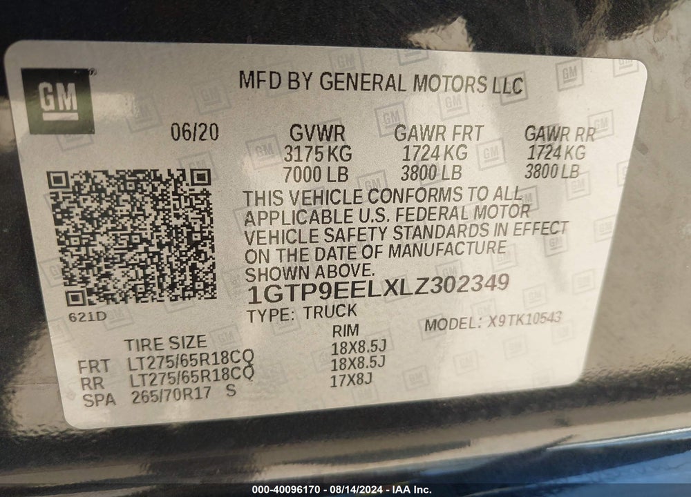 2020 GMC SIERRA 1500 4WD SHORT BOX AT4 VIN: 1GTP9EELXLZ302349