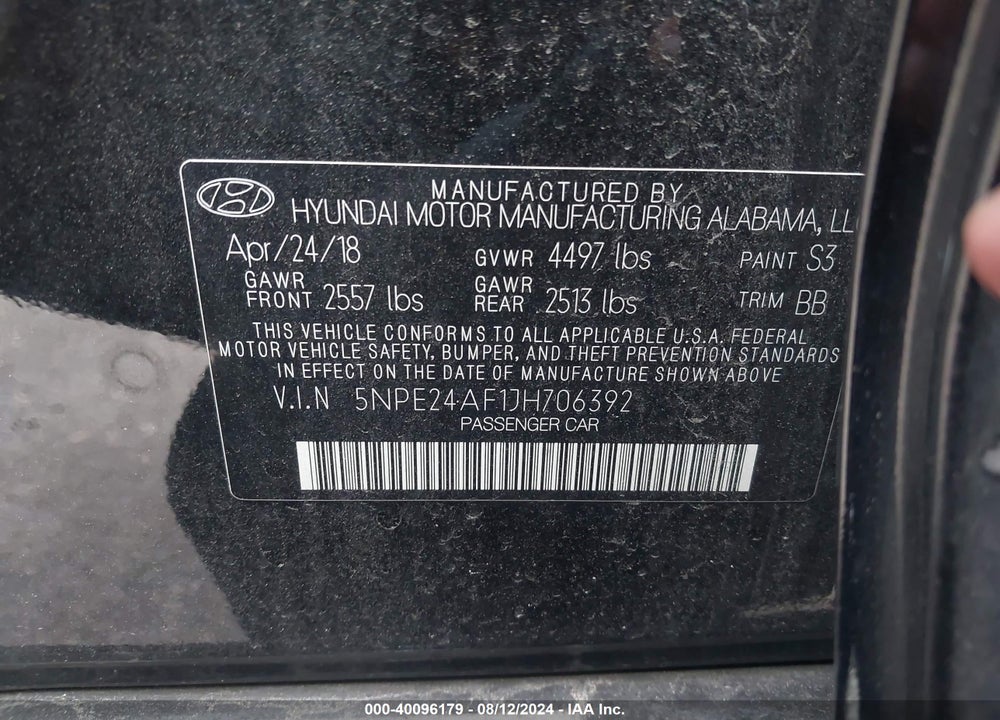 2018 HYUNDAI SONATA VIN: 5NPE24AF1JH706392