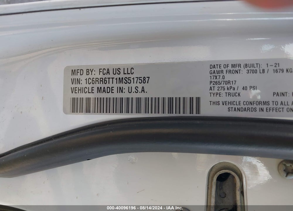 2021 RAM 1500 CLASSIC SLT 4X2 6'4 BOX VIN: 1C6RR6TT1MS517587