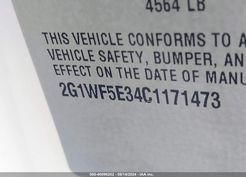 2012 CHEVROLET IMPALA LS VIN: 2G1WF5E34C1171473