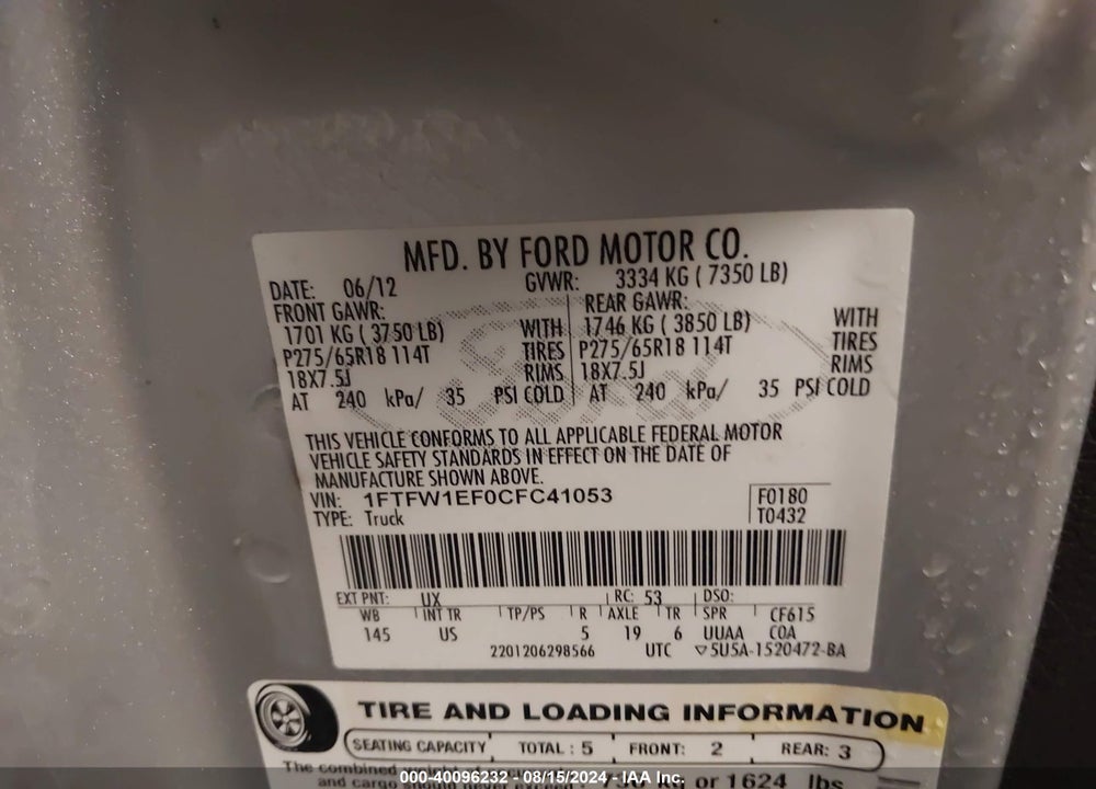 2012 FORD F-150 XLT VIN: 1FTFW1EF0CFC41053