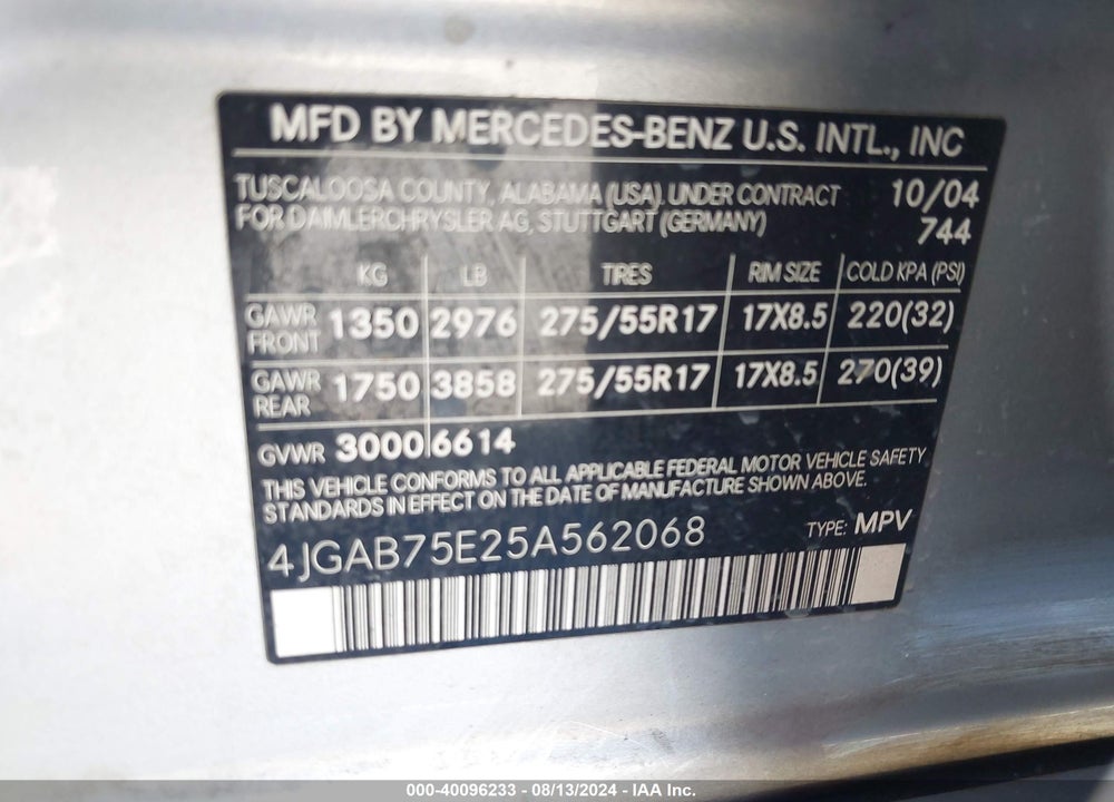 2005 MERCEDES-BENZ ML 500 4MATIC VIN: 4JGAB75E25A562068