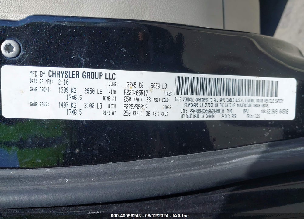 2010 CHRYSLER TOWN & COUNTRY LIMITED VIN: 2A4RR6DX5AR260810