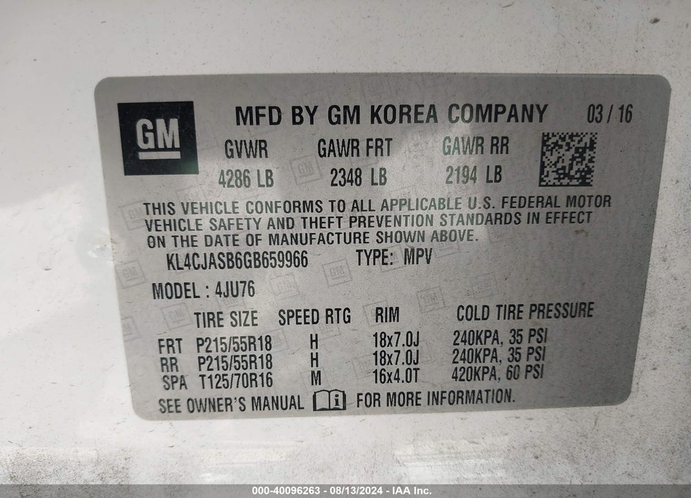 2016 BUICK ENCORE VIN: KL4CJASB6GB659966