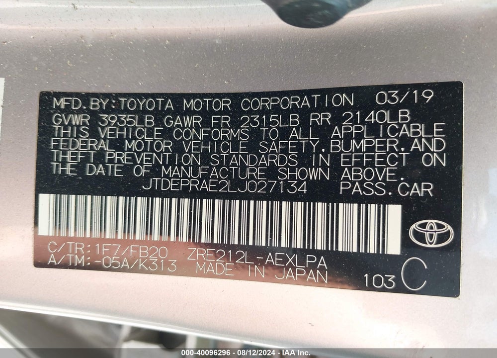 2020 TOYOTA COROLLA LE VIN: JTDEPRAE2LJ027134