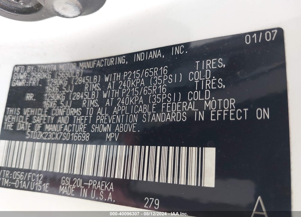 2007 TOYOTA SIENNA LE VIN: 5TDZK23CX7S016698