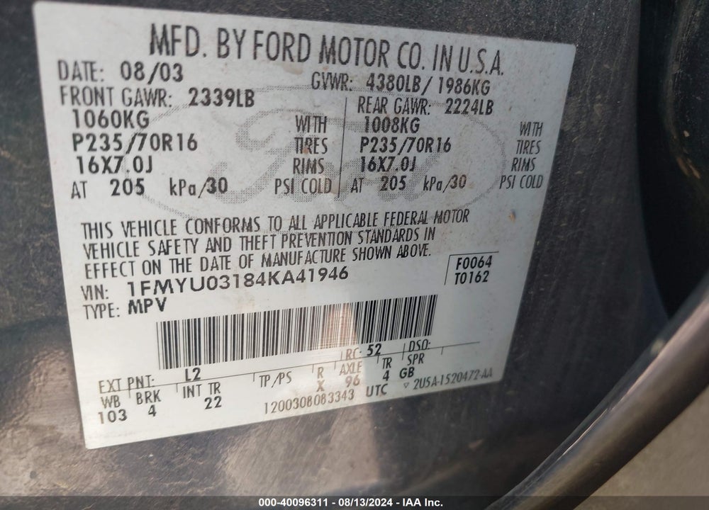 2004 FORD ESCAPE XLT VIN: 1FMYU03184KA41946