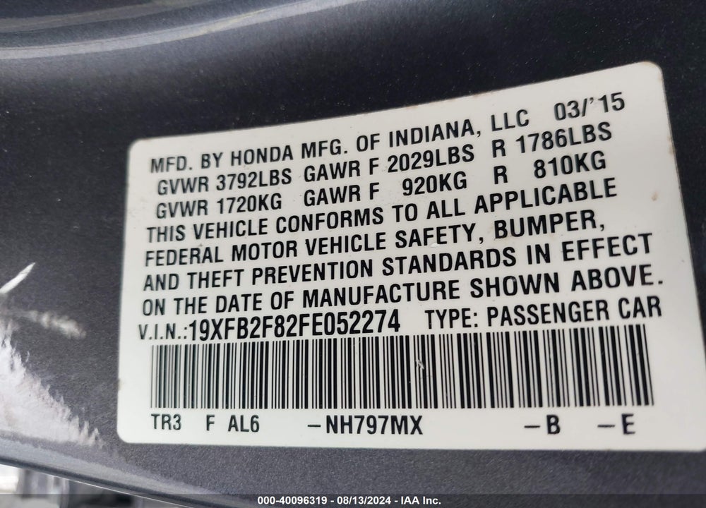 2015 HONDA CIVIC EX VIN: 19XFB2F82FE052274