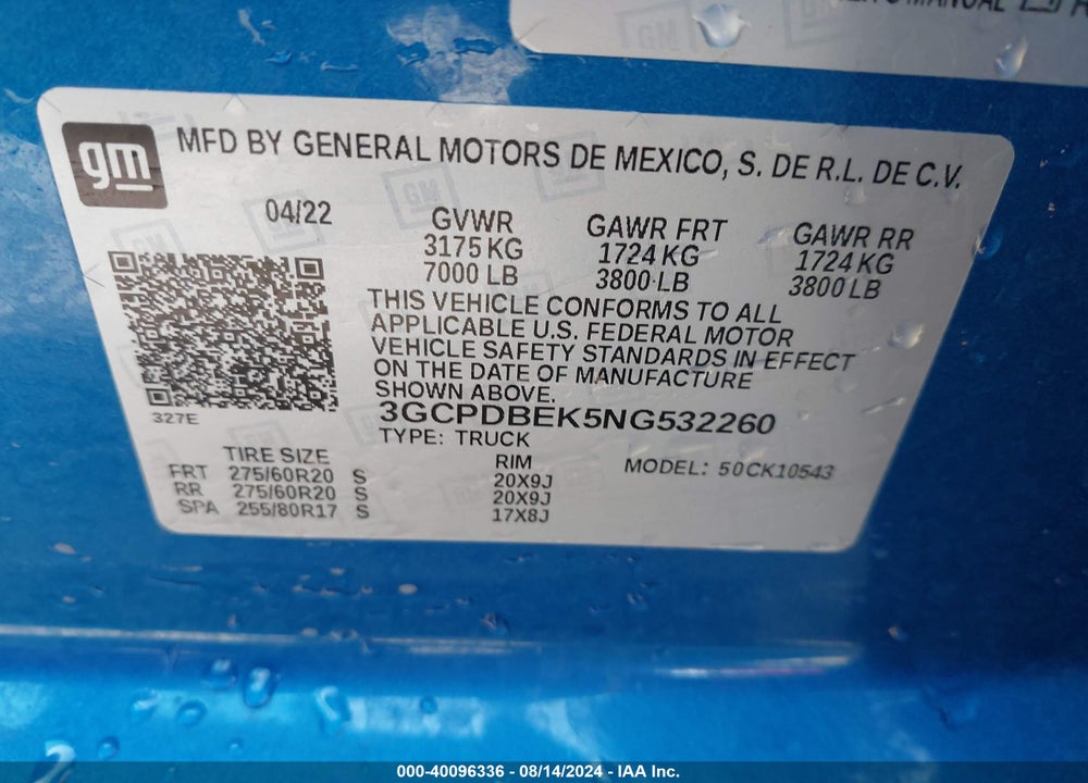 2022 CHEVROLET SILVERADO 1500 4WD SHORT BED CUSTOM VIN: 3GCPDBEK5NG532260