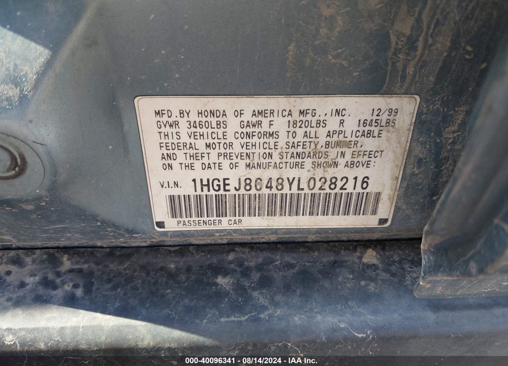 2000 HONDA CIVIC EX VIN: 1HGEJ8648YL028216