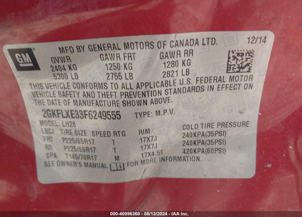 2015 GMC TERRAIN SLT-1 VIN: 2GKFLXE33F6249555