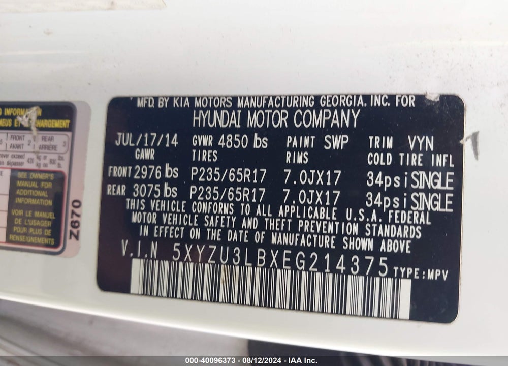 2014 HYUNDAI SANTA FE SPORT 2.4L VIN: 5XYZU3LBXEG214375