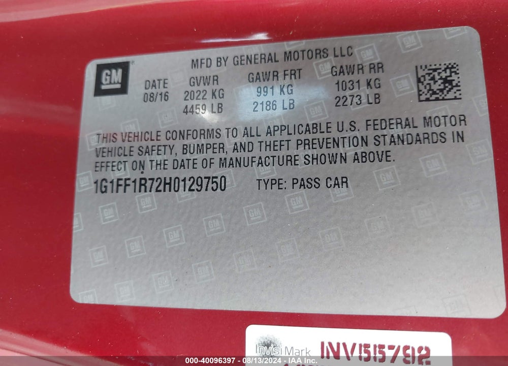 2017 CHEVROLET CAMARO 1SS VIN: 1G1FF1R72H0129750