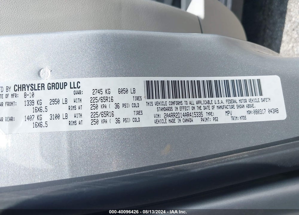 2010 CHRYSLER TOWN & COUNTRY VIN: 2A4RR2D14AR415335