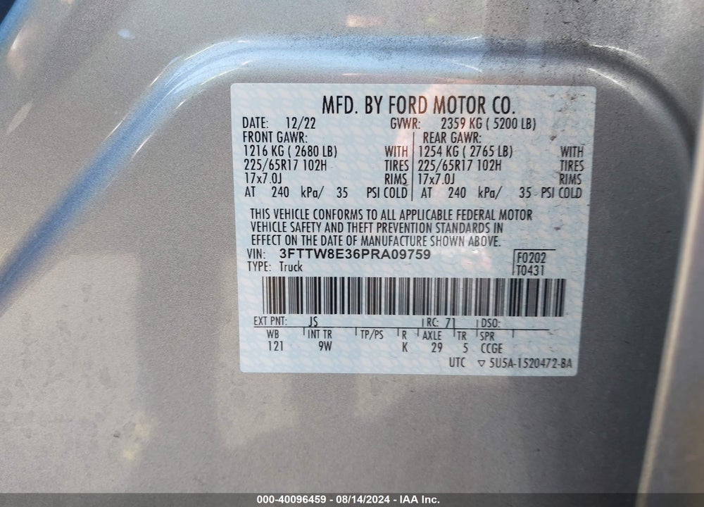 2023 FORD MAVERICK XL VIN: 3FTTW8E36PRA09759