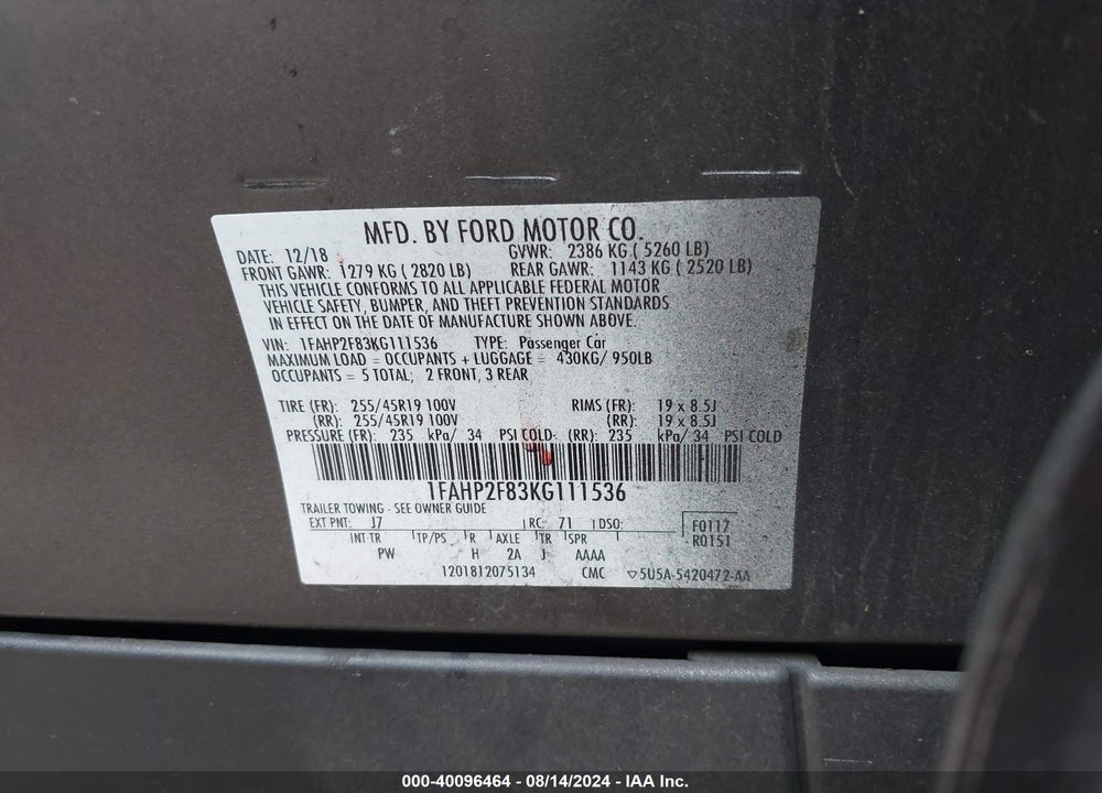 2019 FORD TAURUS LIMITED VIN: 1FAHP2F83KG111536