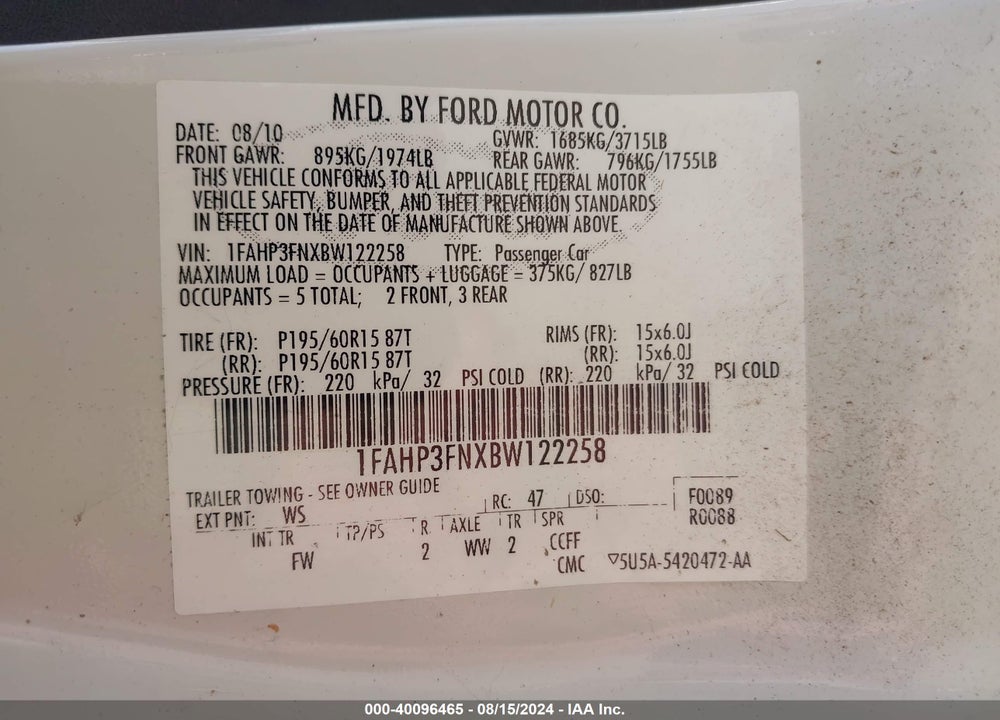 2011 FORD FOCUS SE VIN: 1FAHP3FNXBW122258