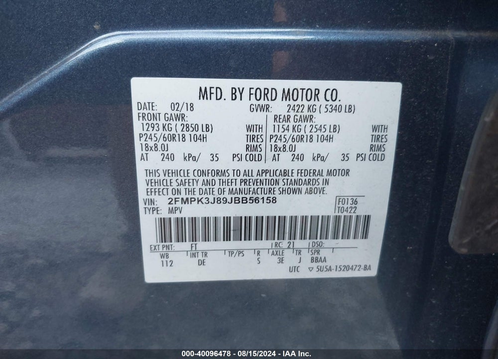 2018 FORD EDGE SEL VIN: 2FMPK3J89JBB56158