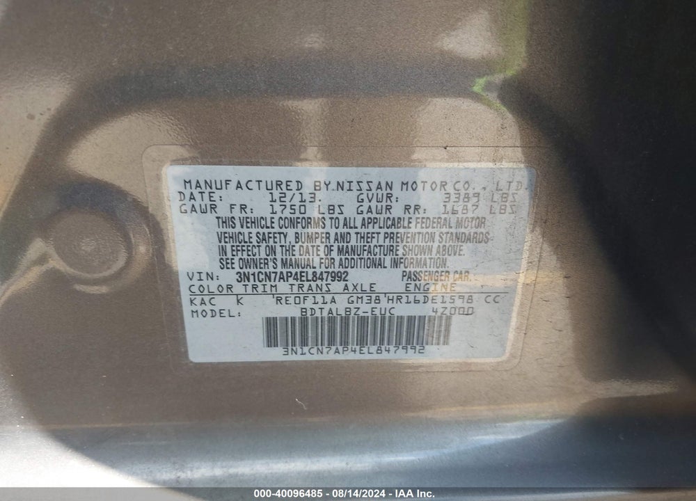 2014 NISSAN VERSA 1.6 SV VIN: 3N1CN7AP4EL847992