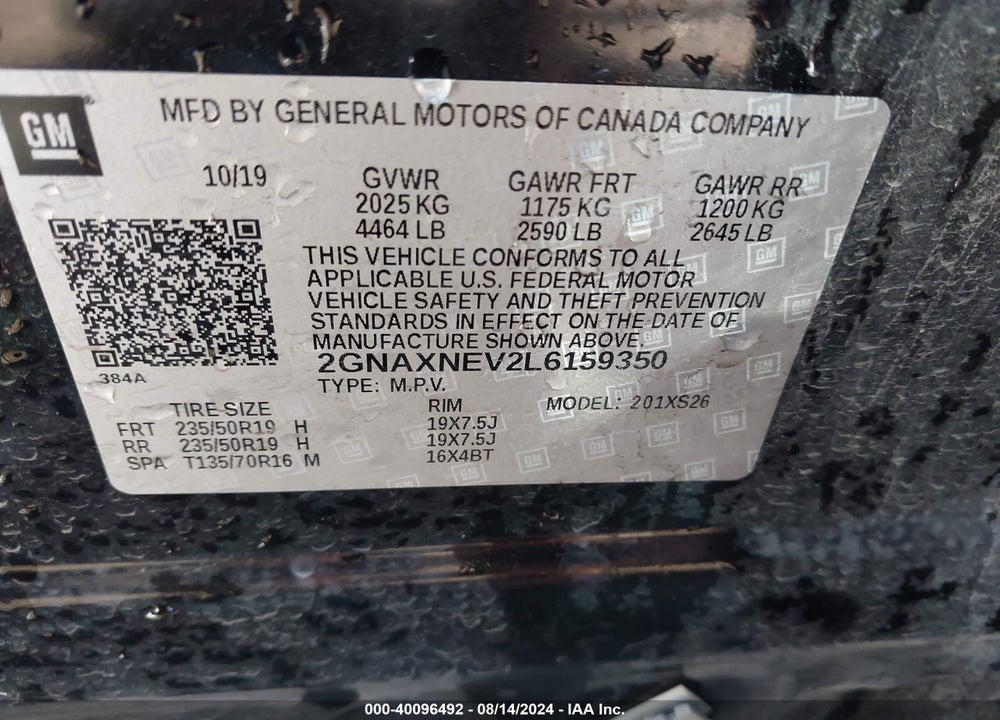 2020 CHEVROLET EQUINOX FWD PREMIER 1.5L TURBO VIN: 2GNAXNEV2L6159350