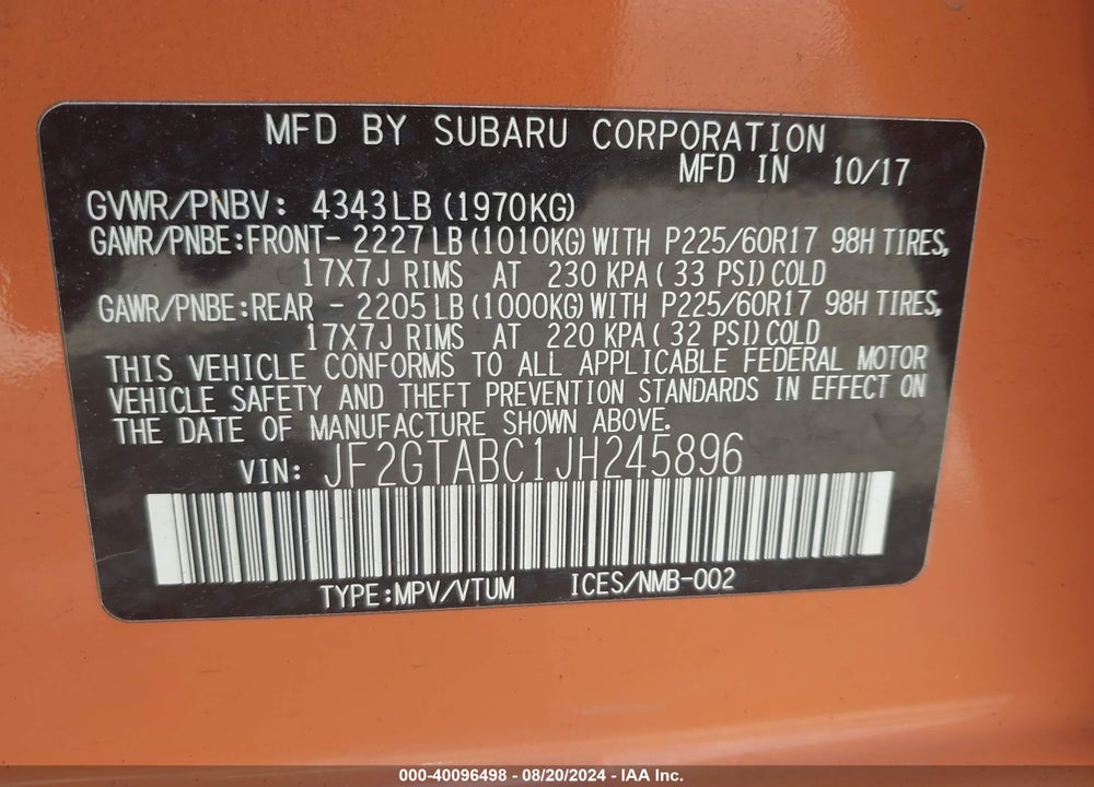 2018 SUBARU CROSSTREK 2.0I PREMIUM VIN: JF2GTABC1JH245896