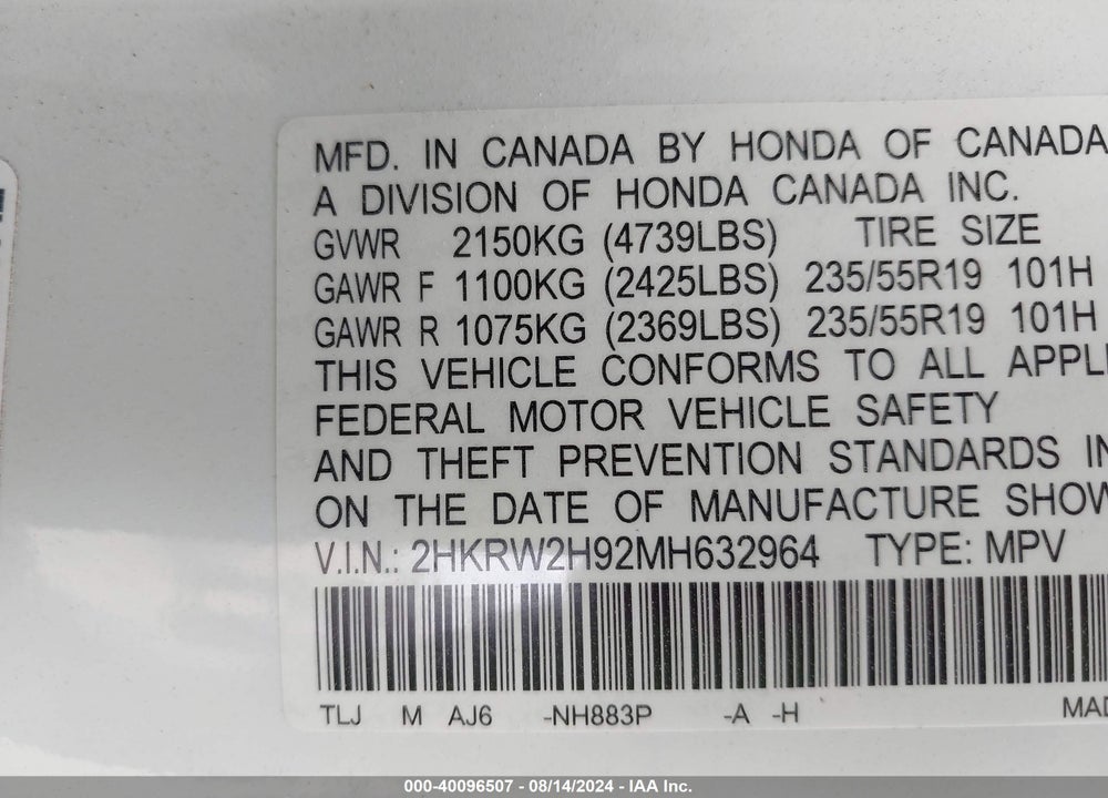 2021 HONDA CR-V AWD TOURING VIN: 2HKRW2H92MH632964
