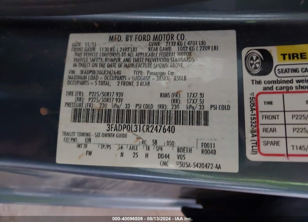 2012 FORD FUSION HYBRID VIN: 3FADP0L31CR247640