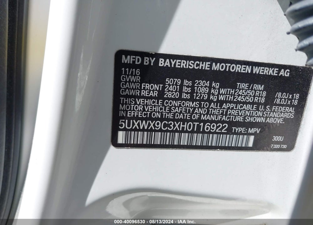 2017 BMW X3 XDRIVE28I VIN: 5UXWX9C3XH0T16922