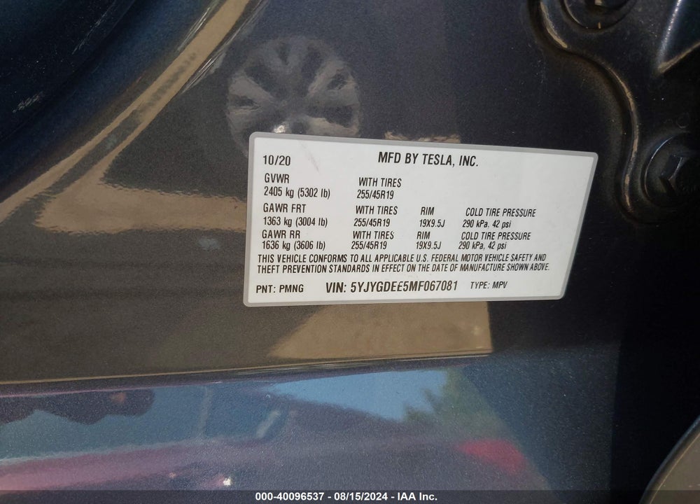 2021 TESLA MODEL Y LONG RANGE DUAL MOTOR ALL-WHEEL DRIVE VIN: 5YJYGDEE5MF067081