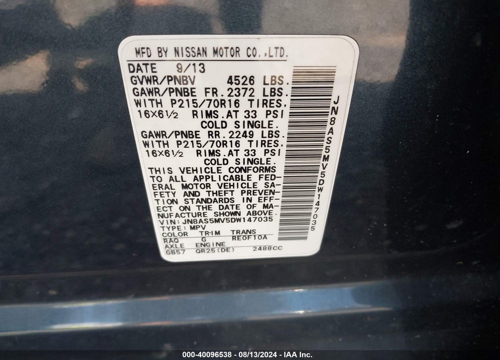 2013 NISSAN ROGUE S VIN: JN8AS5MV5DW147035