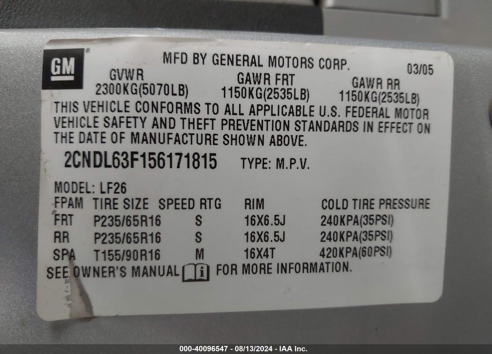 2005 CHEVROLET EQUINOX LT VIN: 2CNDL63F156171815
