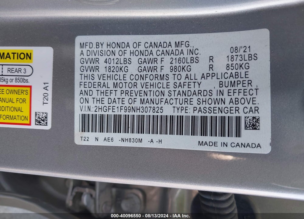 2022 HONDA CIVIC TOURING VIN: 2HGFE1F99NH307825
