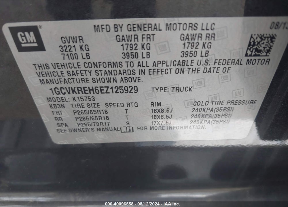 2014 CHEVROLET SILVERADO 1500 2LT VIN: 1GCVKREH6EZ125929