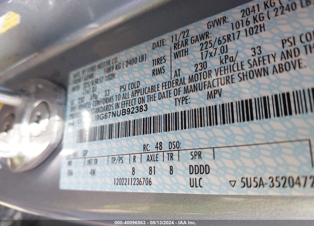 2022 FORD ESCAPE SE VIN: 1FMCU9G67NUB92383