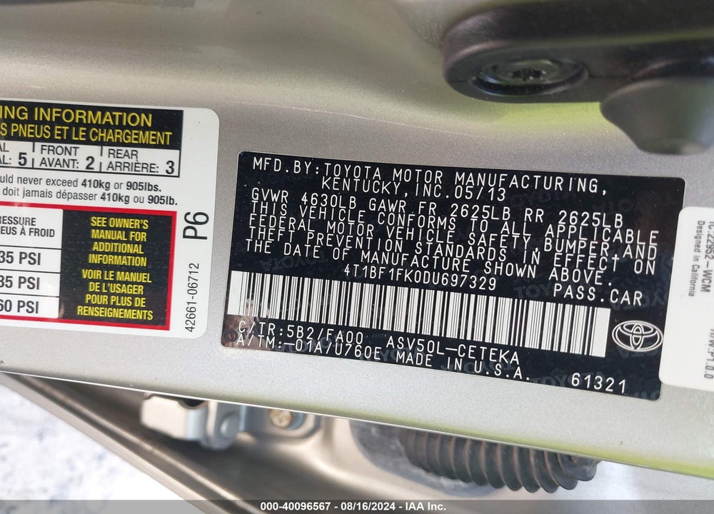2013 TOYOTA CAMRY L VIN: 4T1BF1FK0DU697329