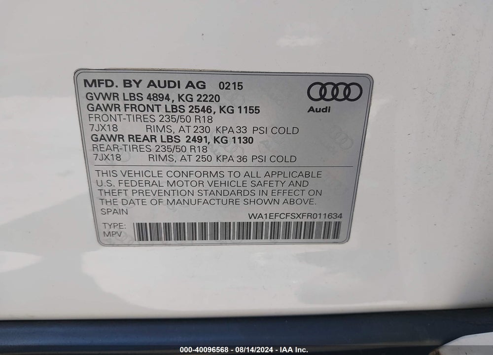 2015 AUDI Q3 2.0T PREMIUM PLUS VIN: WA1EFCFSXFR011634