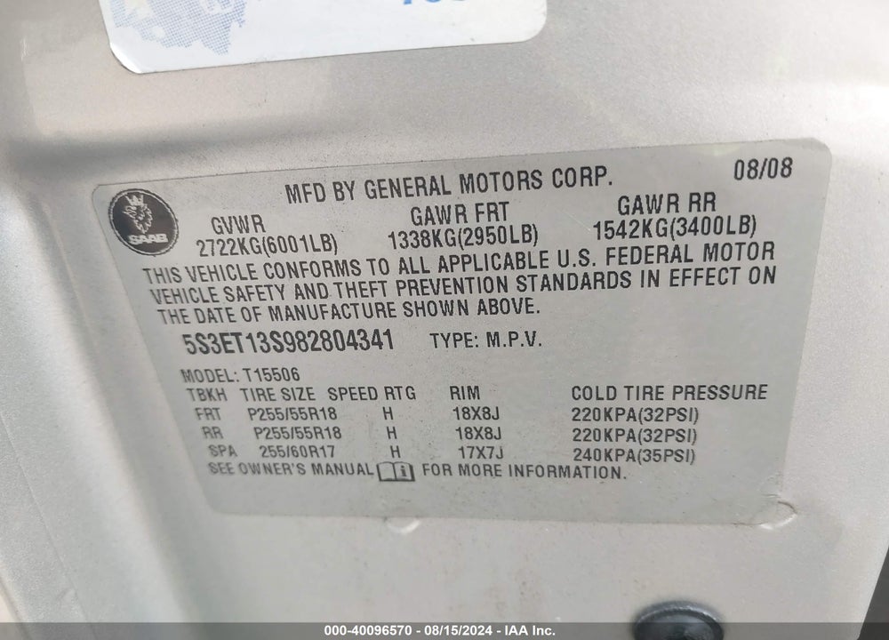 2008 SAAB 9-7X 4.2I VIN: 5S3ET13S982804341