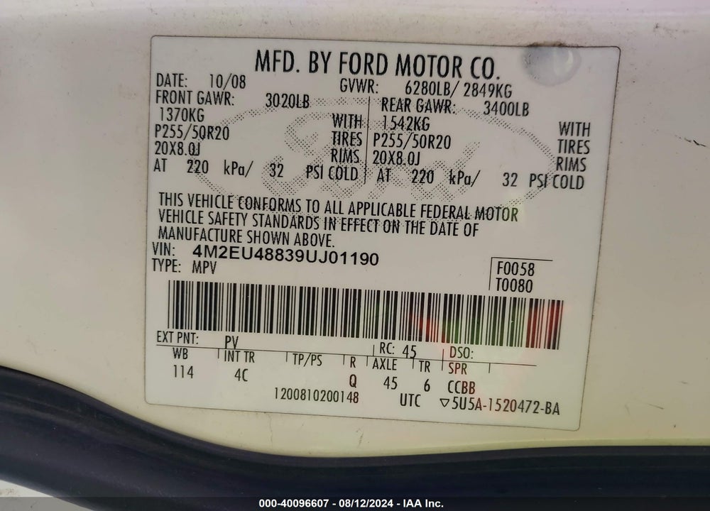 2009 MERCURY MOUNTAINEER PREMIER VIN: 4M2EU48839UJ01190