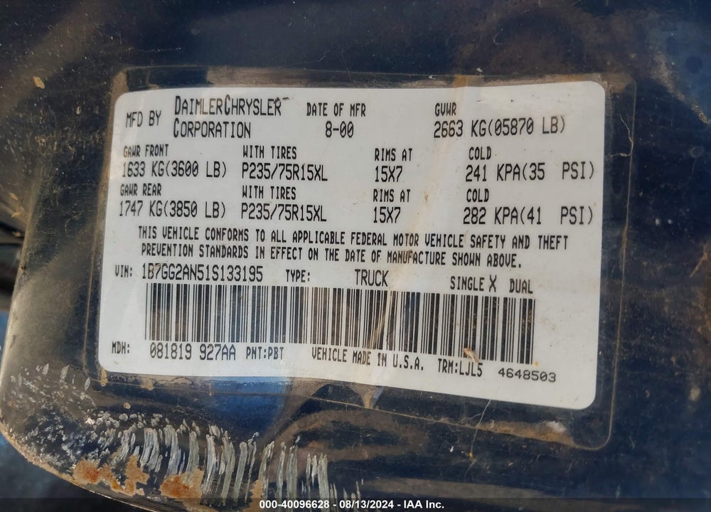 2001 DODGE DAKOTA SLT/SPORT VIN: 1B7GG2AN51S133195