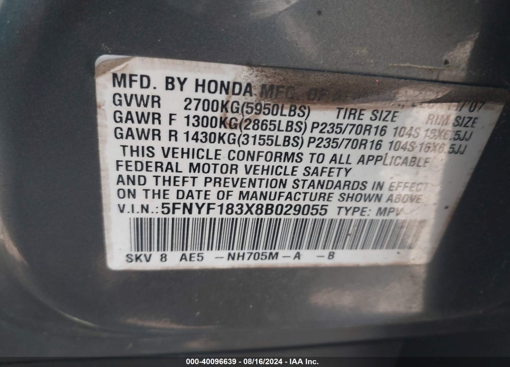 2008 HONDA PILOT SE VIN: 5FNYF183X8B029055