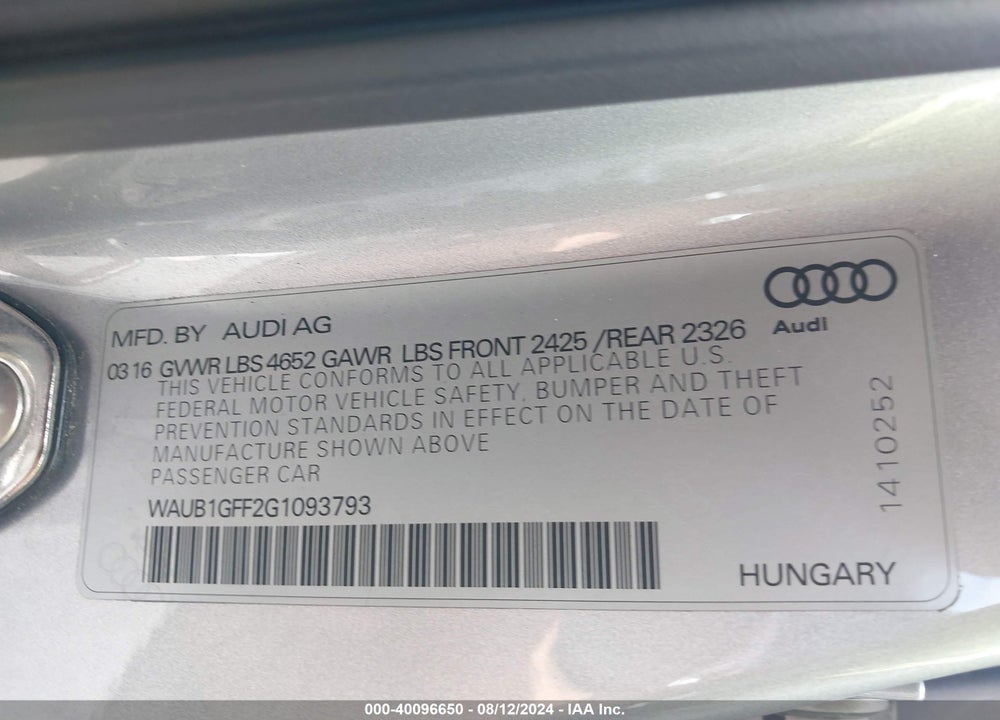 2016 AUDI S3 2.0T PREMIUM PLUS VIN: WAUB1GFF2G1093793