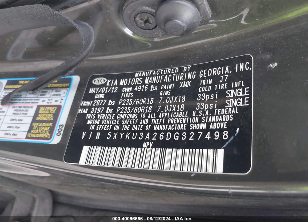 2013 KIA SORENTO EX V6 VIN: 5XYKU3A26DG327498