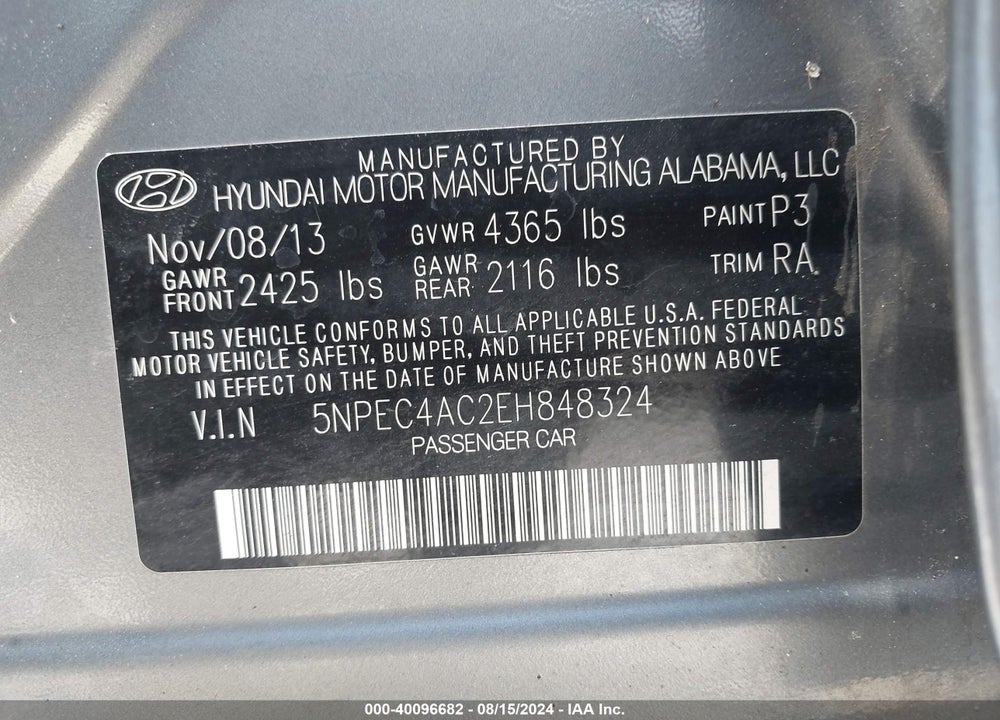 2014 HYUNDAI SONATA SE VIN: 5NPEC4AC2EH848324