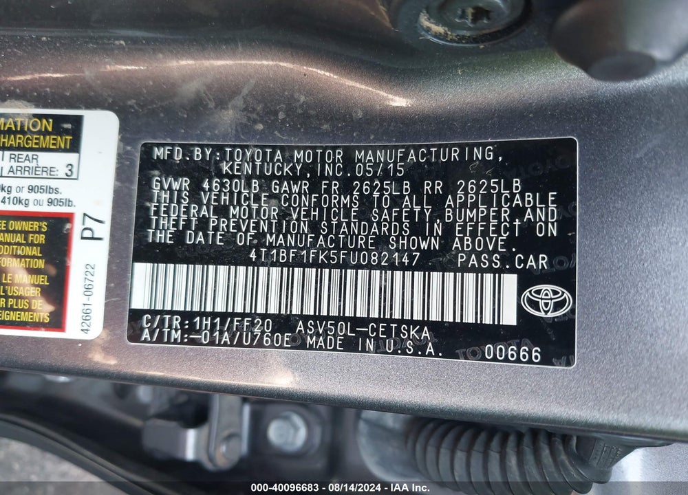 2015 TOYOTA CAMRY SE VIN: 4T1BF1FK5FU082147